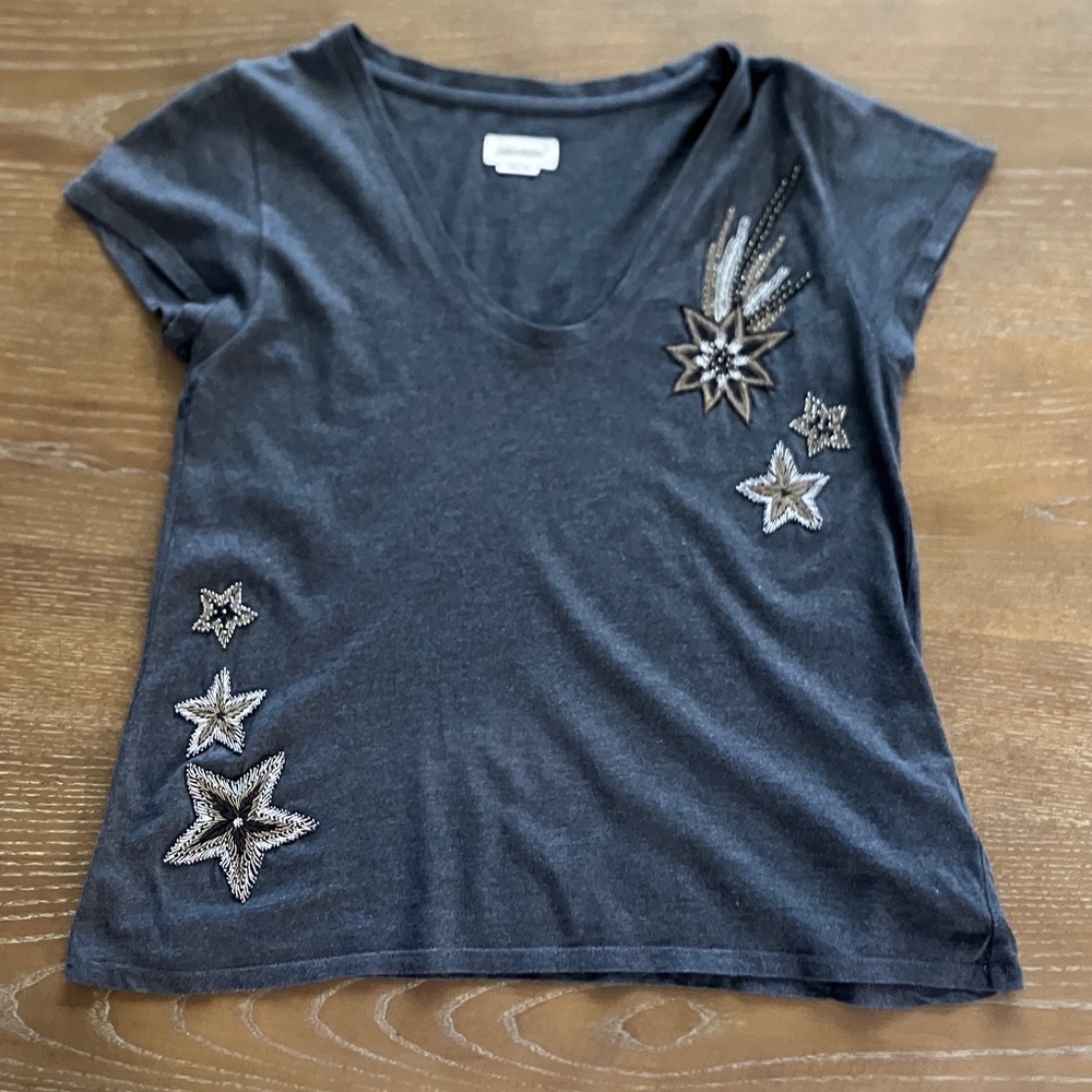 ZADIG & VOLTAIRE Metallic Embroidery Star Charcoal Scoop Neck T-Shirt Top Size S